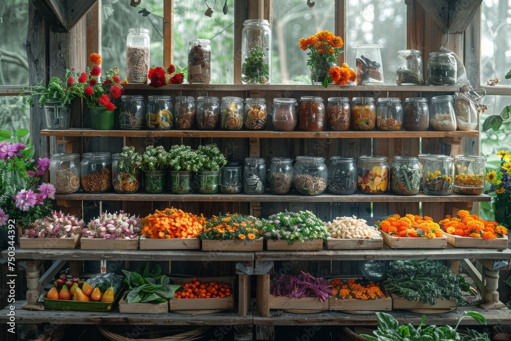 A table full of jars and vases with a variety of plants and vegetables