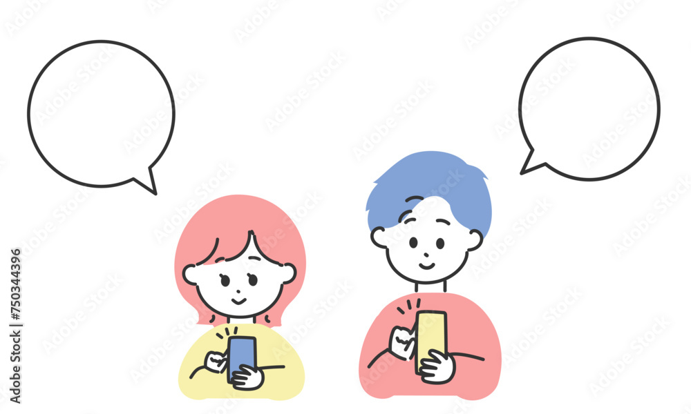 スマホを持っている男女と丸い吹き出しセット スマホを持っている男女と丸い吹き出しセット