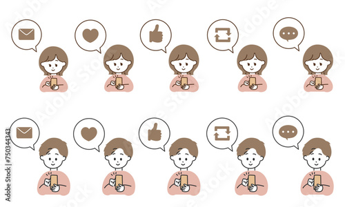 SNSアクティビティの吹き出しと男女のアイコンセット