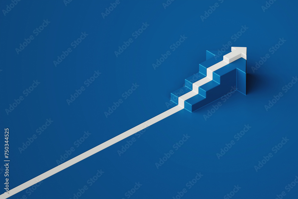 White arrow flows along the arrow-shaped steps of the staircase on blue background, business way concept, minimal style, 3d rendering