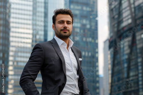 Portrait of a businessman in an elegant suit posing with hand in pocket against skyscraper background