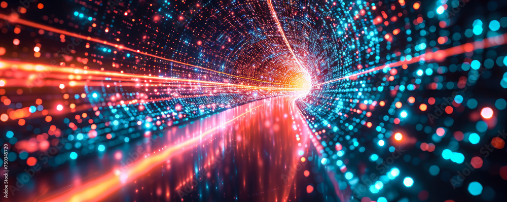 Obraz premium Vibrant abstract visualization of a digital data stream in cyberspace, representing high-speed information transfer and futuristic connectivity