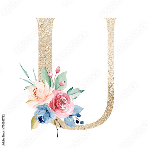 Fototapeta Naklejka Na Ścianę i Meble -  Gold letter U with watercolor flowers and leaves. Floral alphabet, monogram, initial perfectly for birthday, wedding invitations, greeting card, logo, poster and other design. Hand painting.