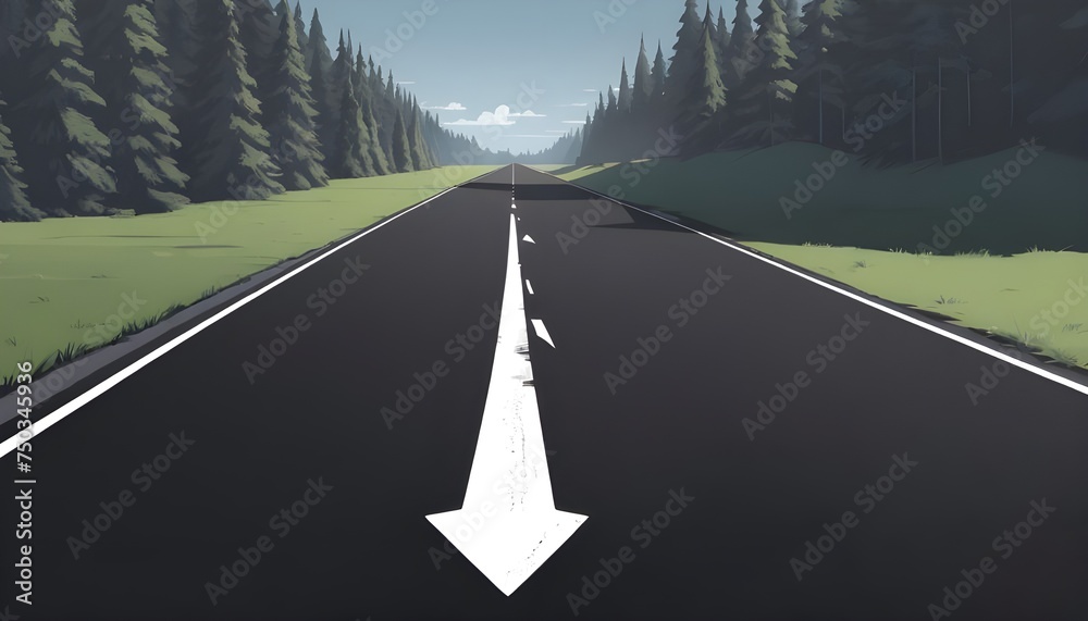 An asphalt road stretches into the distance with a painted white arrow ...