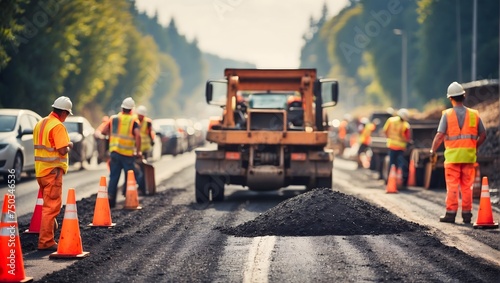Road construction site bustling with workers as they lay hot asphalt and gravel, focusing on teamwork for road repairs Generative AI