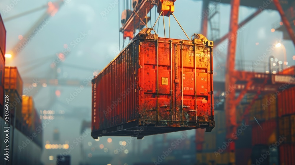 A shipping container being lifted by a crane ready to be loaded onto a ...