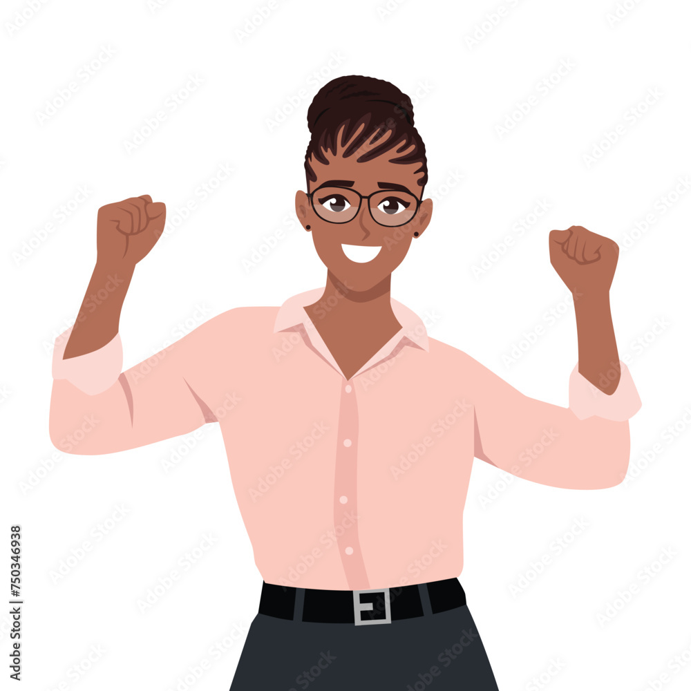 Young woman looking happy and celebrating victory. Flat vector illustration isolated on white background Young woman looking happy and celebrating victory. Flat vector illustration isolated on white background