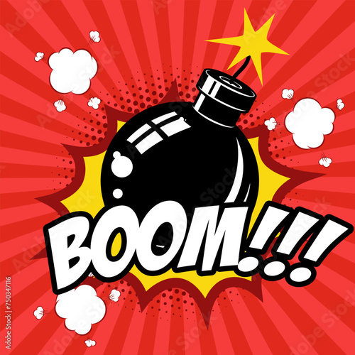 Boom! Comic style phrase on colorful background. Cartoon bomb explosion.