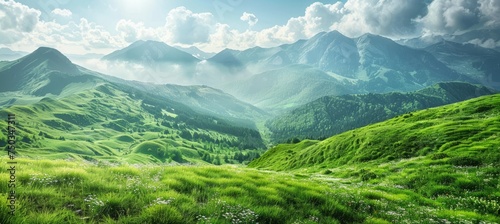 Green mountains valley panoramic landscape. Generative AI technology.	
 photo