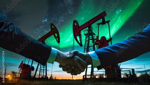 oil and industry, two men shaking hands in front of an oil pump, a stock photo by Ben Enwonwu, featured on pexels