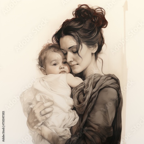 banner sketched with the painting of nother and her baby on white background photo