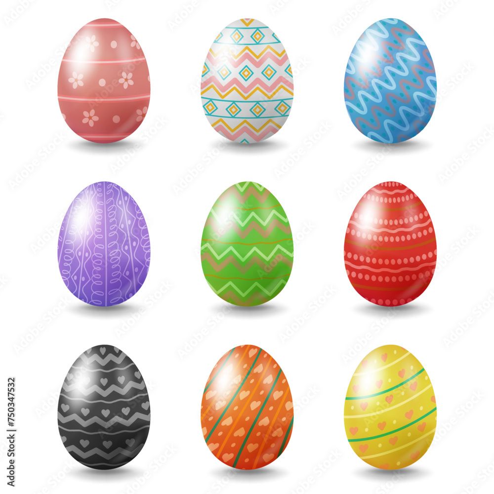 A collection of Easter eggs in different colors and patterns A collection of Easter eggs in different colors and patterns
