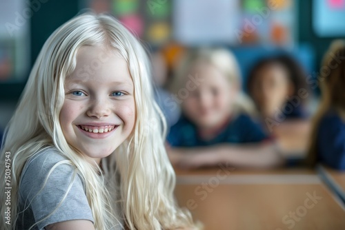 white albino girl with long hair smiling, sitting in a school classroom at a desk, blur background with other children. Albinism Awareness day. Neurodiversity. 13 june