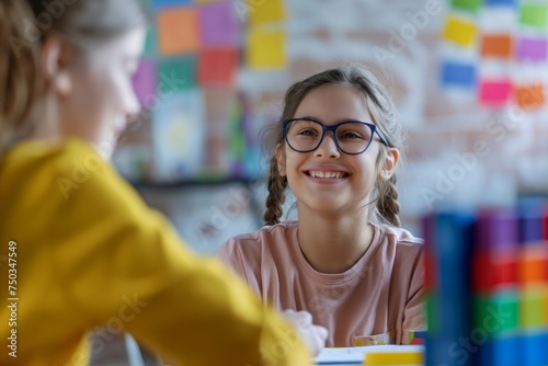 teacher engaging with a girl with autism using visual aids and alternative communication methods, fostering a supportive and inclusive learning environment. Concept mental health. Neurodiversity.