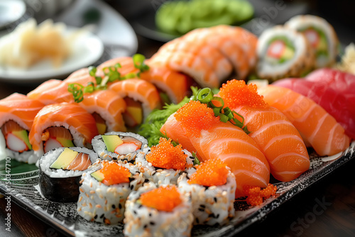 A variety of fresh sushi, rolls, sashimi and nigiri are artfully arranged on a rectangular platter, showcasing the vibrant colors and intricate designs of Japanese cuisine