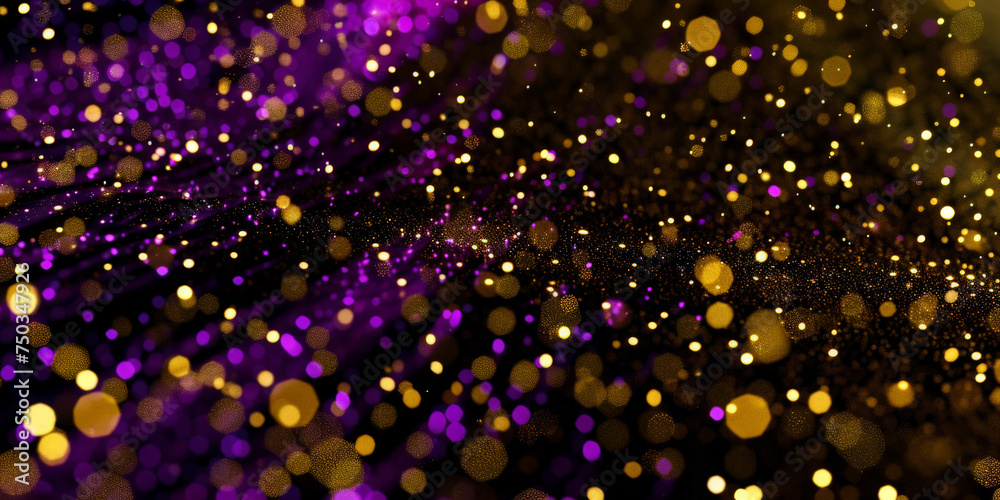 glitter effect and golden particles flowing on a black background, abstract golden glow bokeh light background on dark background, defocused,banner christmas holiday new year background