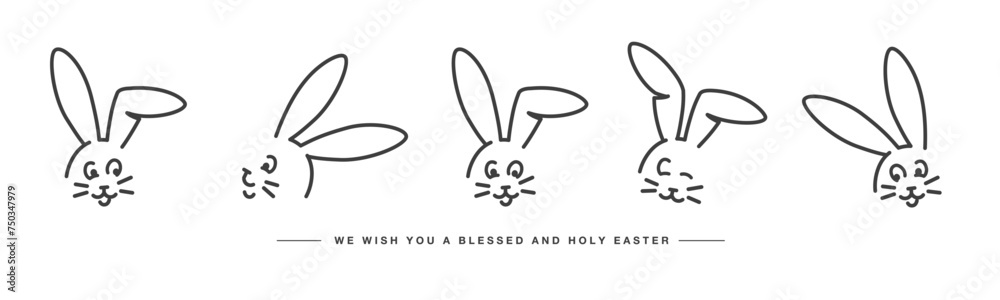 We wish you a blessed and holy Easter. Easter handwitten cute bunny faces. Doodle cute hare line design on a white background