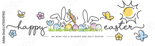Happy Easter. Cute Easter bunny found a carrot. Sunny spring day with flowers tulips colorful eggs in green grass. Easter egg hunt white greeting card