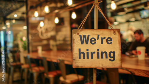 Warm Welcome Job seeker - We're Hiring Sign at Cozy Cafe