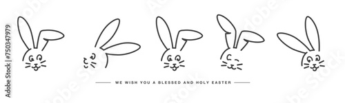 We wish you a blessed and holy Easter. Easter handwitten cute bunny faces. Doodle cute hare line design on a white background photo