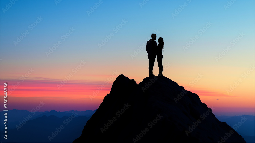 Obraz premium silhouette happy couple on the peak of a mountain at sunset