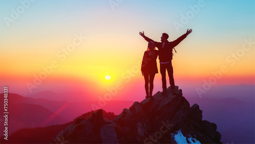 silhouette happy couple on the peak of a mountain at sunset