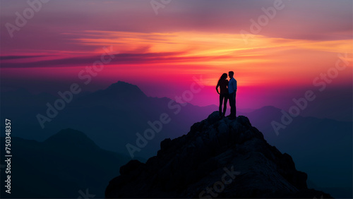 silhouette happy couple on the peak of a mountain at sunset