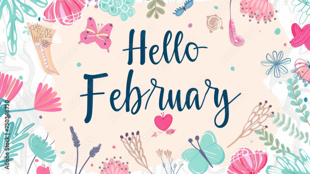 February month illustration background with pastel colors drawing with written Hello February to celebrate start of the month February month illustration background with pastel colors drawing with written Hello February to celebrate start of the month