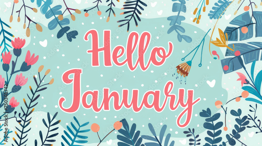 Obraz premium January month illustration background with pastel colors drawing with written Hello January to celebrate start of the month