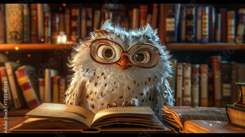 a bookish owl wearing glasses, with a bookshelf filled with volumes as the backdrop.