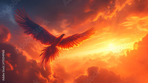 Phoenix flying majestically against a dramatic sunset sky - Mythical creature illustration. generative ai © Malaika