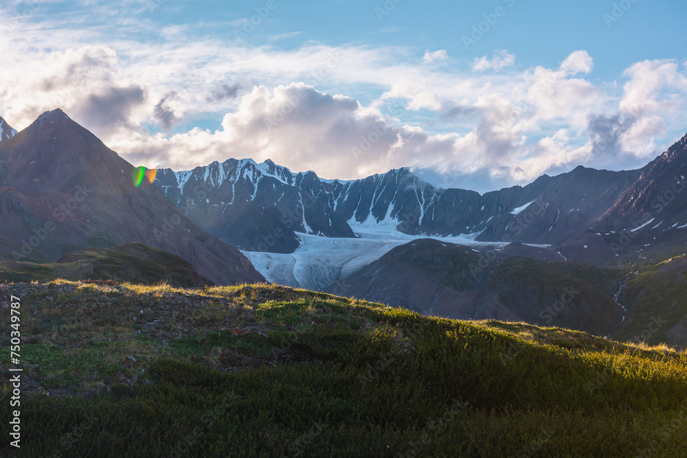 Fototapeta premium Scenic view from stony grassy hill with lush flora to big glacier and large rocky snow-capped mountain range under cloudy sky of sunset colors. Beautiful alpine valley illuminated by sunrise light.