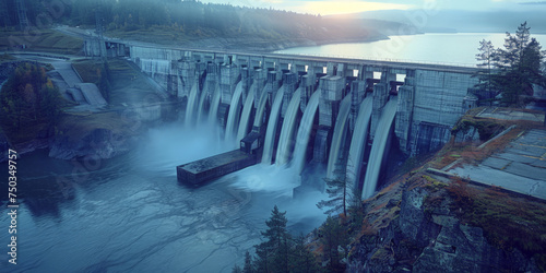 a dam with water coming out of it, Renewable energy sources: hydroelectric power plants, 