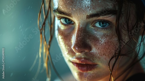 Close-up portrait of a young woman with wet hair and skin. Intense gaze concept with teal background for design and print