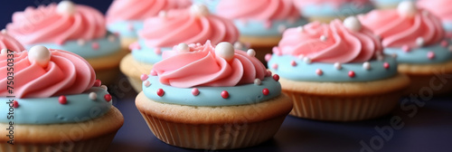  a few cupcakes decorated with blue and pink frosting, banner