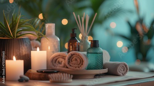 Tranquil Spa Setting with Aromatic Candles . A serene spa setting featuring aromatic candles, plush towels, and a variety of soothing skincare products, inviting relaxation. 