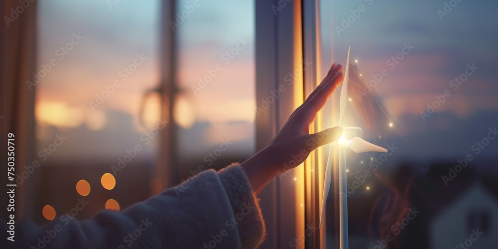 A person at home is reaching out to touch a glowing, virtual icon of a wind turbine, symbolizing the choice of sustainable energy for household use. - obrazy, fototapety, plakaty 