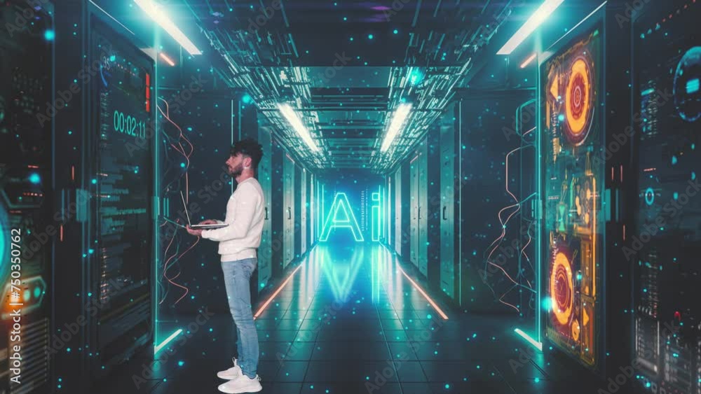 Futuristic server room, Officer Using Laptop Standing In Warehouse, Information Digitalization Lines Streaming Through Servers. SAAS, Cloud Computing, Web Service. Ai inscription on background