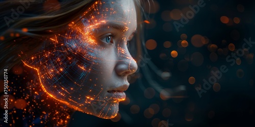 Artificial intelligence is represented by a picture of a cyborg girl with an electronic brain. A neural network trained using a virtual hud interface. Machine learning technology concept. photo