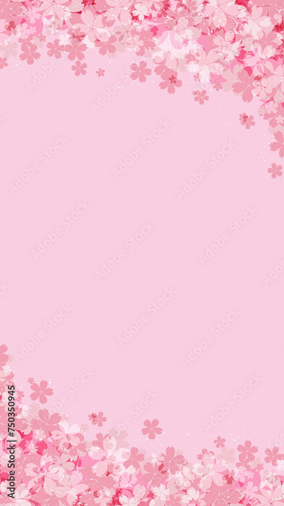 桜の花の縦型フレーム　ピンク背景