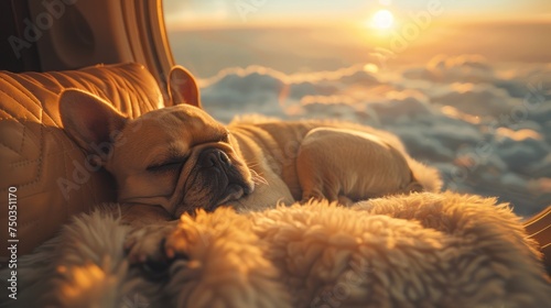 Dog Travel in comfort and style on a private jet. Get a breathtaking view of sun-kissed clouds as they rest in the lap of luxury. photo