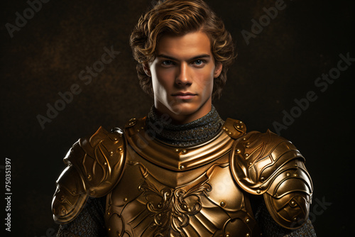 Young attractive man in golden shiny knight armor
