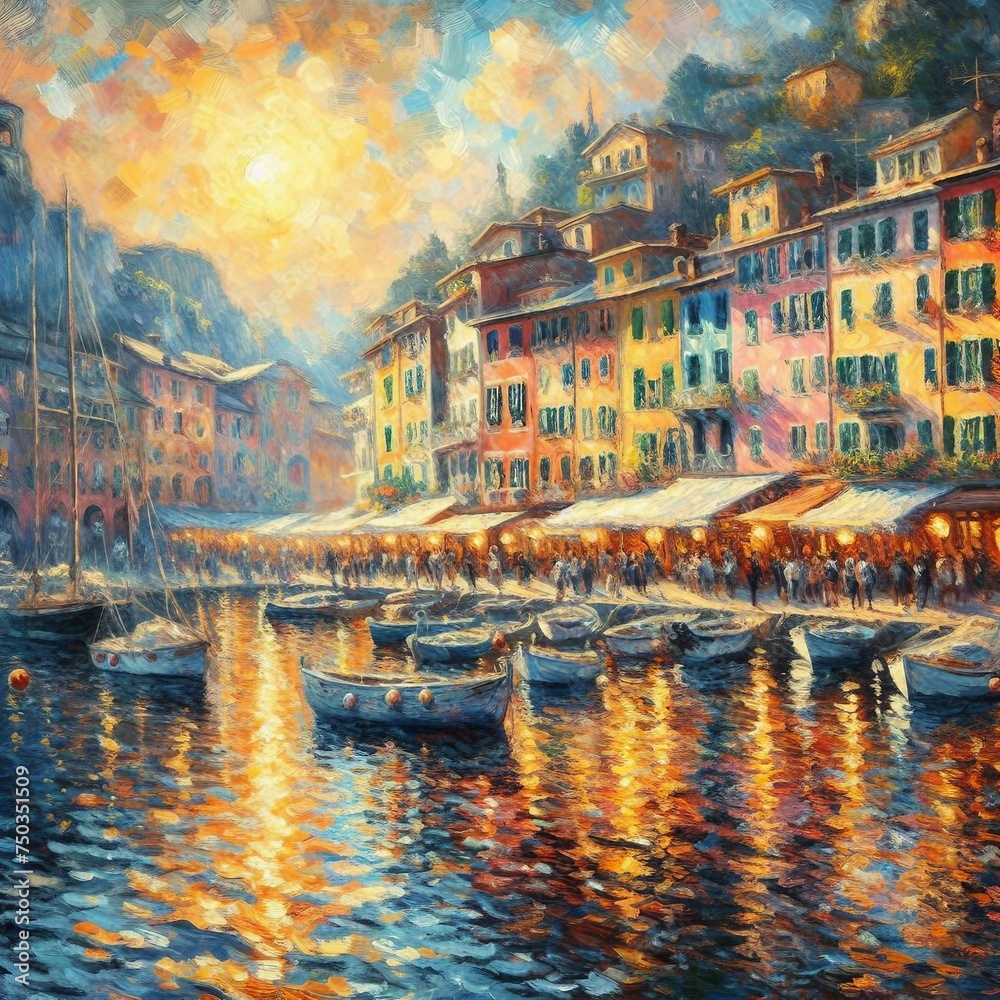 Magical Scene of Italian Boats on the Water, Digital Artwork