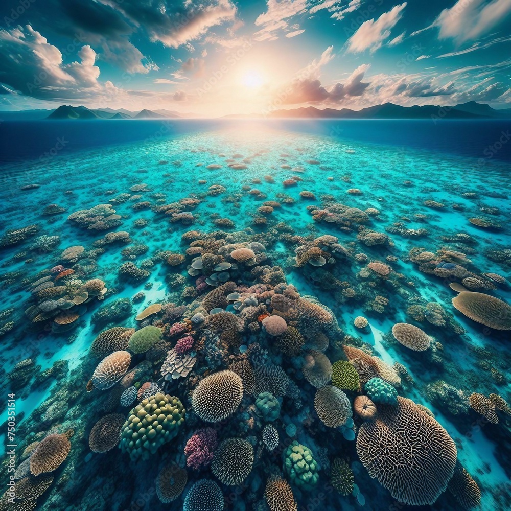 Majestic Coral Reef Under the Sun's Glow: Vibrant Marine Life in the Ocean