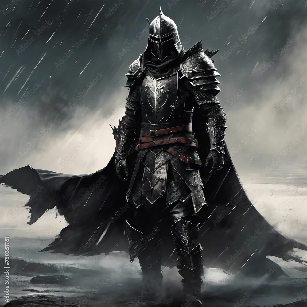 Fototapeta premium Brave Knight Standing in Pouring Rain with Dramatic Lighting, Knight in Distress Concept