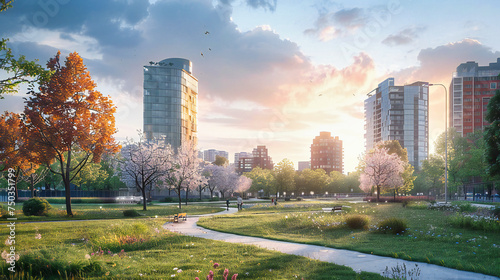 Serene Cityscape, Green Spaces Enhancing Urban Living, The Blend of Nature and Modern Architecture photo