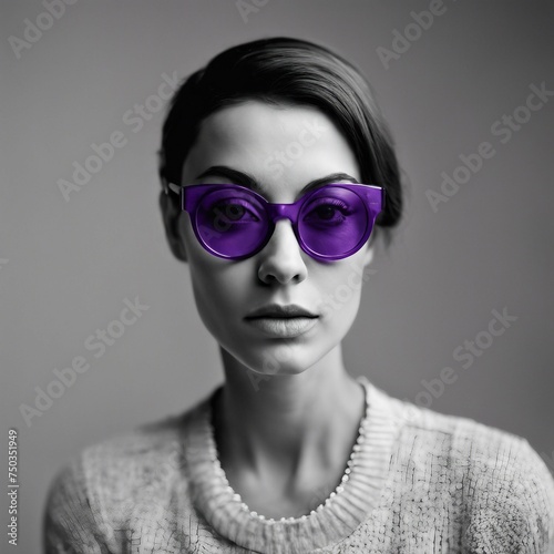 Chic woman with purple glasses and elegant pearl necklace on a sophisticated look