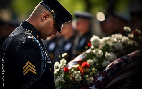 Military funeral coffin with flowers, dramatic event. Salute and respect one last time, many flowers. Farewell to a person