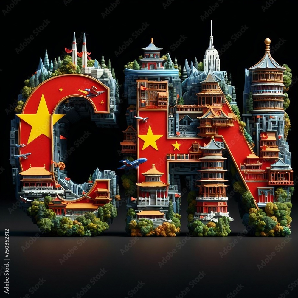 Fusion of Culture: C, H, N Logo with Chinese Flag and Urban Skyline