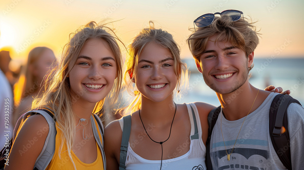 Radiant faces, sunlit moments, university friends creating timeless memories by the sea. Radiant faces, sunlit moments, university friends creating timeless memories by the sea.